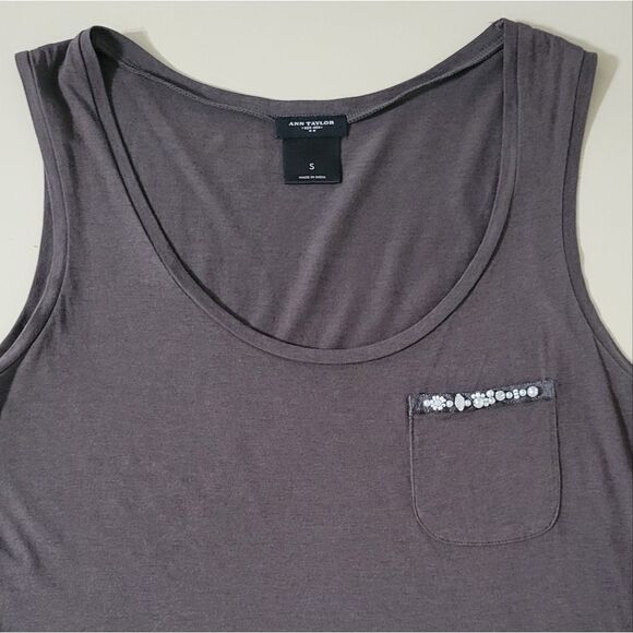 Ann Taylor Brown Embellished Pocket Scoop-neck Tank Top - Picture 6 of 9